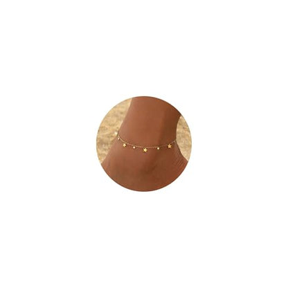 18K Gold Plated Ankle Bracelets for Women Stainless Steel Anklet with Star Cross Disc Coin Teardrop Charms Waterproof Thin Chain Ankle Jewelry Gift for Her - style: Star-Gold