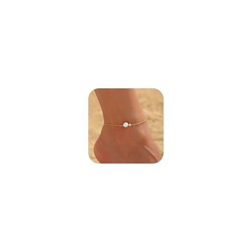 NONAMOIS 18K Gold Plated Diamond Ankle Bracelets for Women Waterproof Gold CZ Pearl Bow Link Chain Anklets Non Tarnish Summer Beach Foot Jewelry Gifts - color: CZ Pearl-Gold