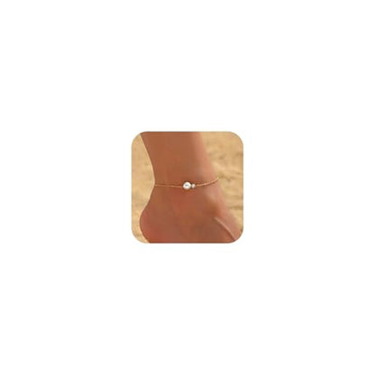 NONAMOIS 18K Gold Plated Diamond Ankle Bracelets for Women Waterproof Gold CZ Pearl Bow Link Chain Anklets Non Tarnish Summer Beach Foot Jewelry Gifts - color: CZ Pearl-Gold