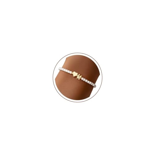 M MOOHAM Pearl Initial Bracelets for Teen Girls, Heart Letter A-Z Bracelets | 14K Gold Plated Heart Letter Bracelet, Dainty Stretch Pearl Initial Bracelet, 6-14 Year Old Girl Birthday Gifts for Teen Girl - color: K