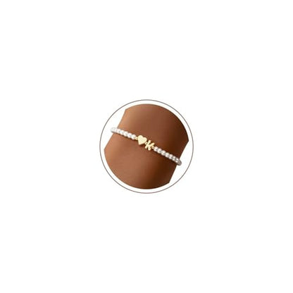 M MOOHAM Pearl Initial Bracelets for Teen Girls, Heart Letter A-Z Bracelets | 14K Gold Plated Heart Letter Bracelet, Dainty Stretch Pearl Initial Bracelet, 6-14 Year Old Girl Birthday Gifts for Teen Girl - color: K