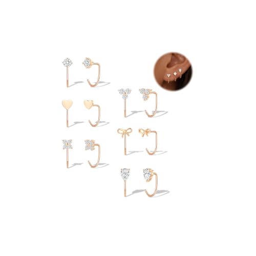 Backless Half Hoop Earrings for Women Hypoallergenic Small Huggie Earrings | Stay Close Open Hoop Stud Earring Stacks, No Back Poke Free Comfort, 14k Gold Plated, Trendy Cubic Zirconia Rose Gold Jewelry