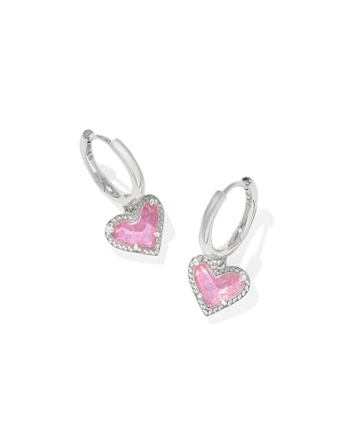 Kendra Scott Ari Heart Huggie Earrings for Women, Fashion Jewelry - color: RHODIUM - PINK IRIDESCENT GLITTER GLASS