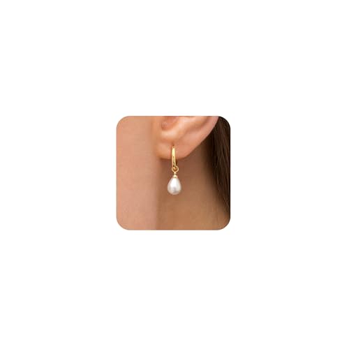 Robaice Pearl Earrings for Women, 14K Gold Plated Dangle Drop Earrings | Small Pearl Drop Huggie Hoop Earrings, Hypoallergenic Dainty Gold Earrings, Wedding Jewelry Gifts for Women Trendy - style: small drop pearl earrings