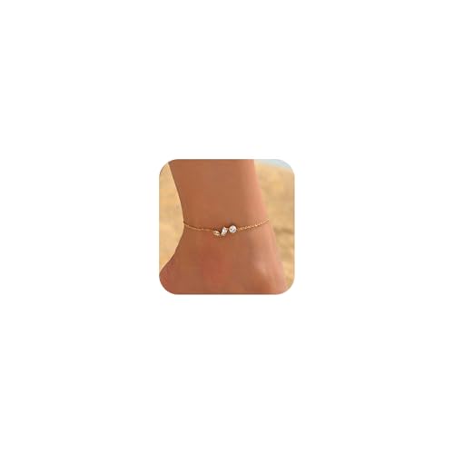 NONAMOIS 18K Gold Plated Diamond Ankle Bracelets for Women Waterproof Gold CZ Pearl Bow Link Chain Anklets Non Tarnish Summer Beach Foot Jewelry Gifts - color: Horizontal 3 CZ-Gold
