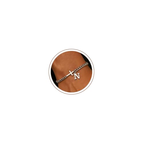 Cross Cuban Link Bracelets for Men Initial A - Z Faith Cross Bracelets, Stainless Steel Fashion Initial Charm Chain Bracelet Religious Jewelry Gift for Men - color: Silver N