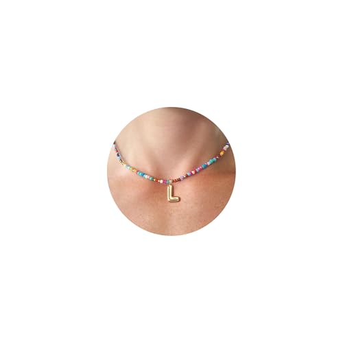 VRIUA Colorful Initial Necklaces for Women – Bubble Letter A-Z Necklace Handmade Beaded Necklace Dainty Initial Necklaces for Girls Kids - Teen Girls Gifts Trendy Jewelry - color: Gold, style: L
