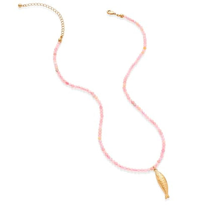 Boho Fish Necklace for Women - Blue Natural Stone Fish Pendant Necklace, Bohemian Beach Jewelry Colourful Jewelry for Summer Vacation - color: Pink