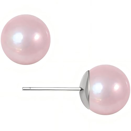Light Pink Faux Pearl Stud Earrings, S925 Silver Posts Hypoallergenic for Women - size: 8mm