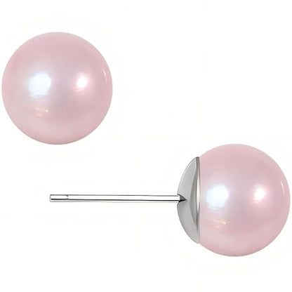 Light Pink Faux Pearl Stud Earrings, S925 Silver Posts Hypoallergenic for Women - size: 8mm
