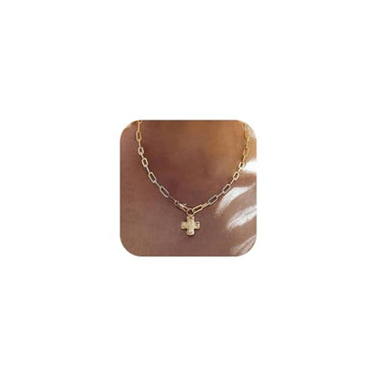 Bheop Chunky Cross Necklace for Women, 14K Gold Silver Statement Necklace | Sturdy Paperclip Chain, Hammered Pendant, Vintage Charm, Trendy Costume Jewelry, Faith Christian Religious Gift, Non Tarnish - style: GD-Cross Necklace(0.8 inch Pendant)