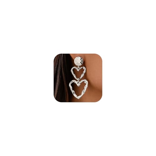 Gold Heart Dangle Pleated Earrings for Women Vintage Double Love Shaped Hammered Dangly Earring Fashion Irregular Heart Statement Studs Jewelry - color: Silver