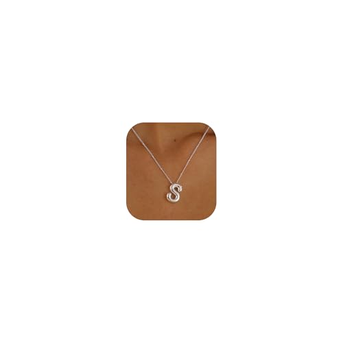 Ewrkbrㅤ Initial Necklaces for Women, 14k Gold Plated Bubble Letter Necklace Chunky Gold Necklace Dainty Charm Initial Necklaces for Women Trendy Custom Preppy Stocking Stuff Necklace Christmas Gifts - color: Silver, style: S