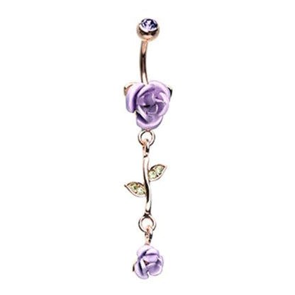 Pierced Owl - CZ Crystal Leaves and Vine Rose Flower Dangle Belly Button Navel Ring - style: Purple