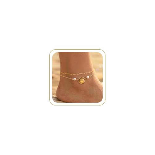 Robaice Anklets for Women, 14K Gold Plated Layered Ankle Bracelets | Waterproof Figaro Link Pearl Anklet, Ankle Bracelets for Women Stackable, Summer Beach Jewelry Gifts Non Tarnish - style: Gold Sun Anklet
