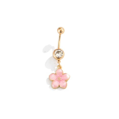 Flower Belly Button Ring for Women 14K Gold Plated Cubic Zirconia Navel Piercing Jewelry Stainless Steel CZ Crystal Charm Belly Ring Hypoallergenic Belly Bar for Women - color: Pnk