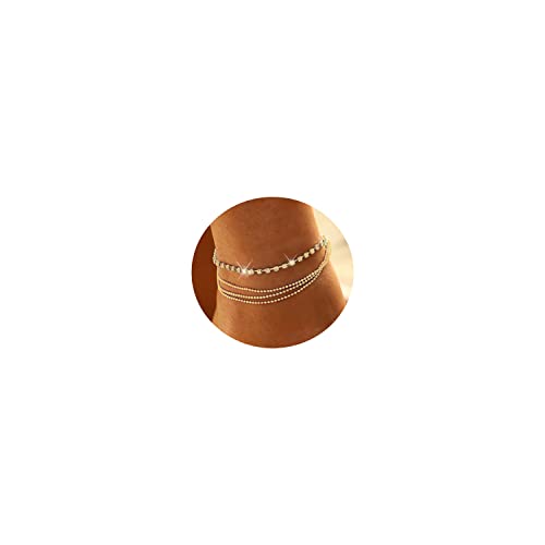 14K Gold Plated Layered Satellite Beads Heart Anklets Layering Rhinestone Cubic Zirconia Ankle Bracelets for Women Minimalist Summer Beach Foot Chain Ankle Jewelry for Her - style: 4 Layered Tennis -GD