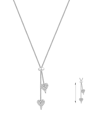 Silver Heart Lariat Necklace Dainty Double Heart Pendant Y-shaped Snake Chain Necklace for Women Adjustable Choker Sterling Silver Jewelry Gift