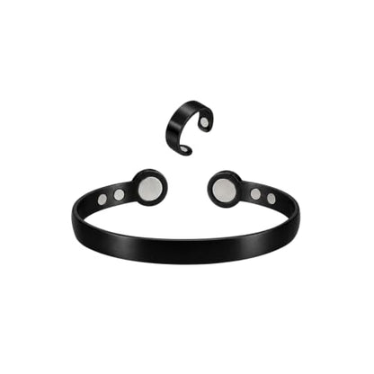 Calming Bracelet Ring Set for Women, Menopause Bracelets Adjustable Bangle Stainless Steel Cuff Climacterium Anxiety Stress Relief Energy Open Jewelry Gift - color: Black Pro + Black