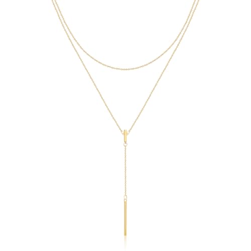 EPIRORA Layered Necklaces for Women, 16” & 20“ Double-Layer Lariat Necklace | 14k Gold/Silver Plated Long Necklaces for Women Trendy Layered Bar Pendant Drop Necklace Lariat Y Necklace Prom Jewelry Gifts - color: Gold