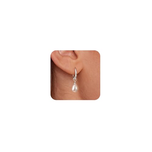 Robaice Pearl Earrings for Women, 14K Gold Plated Dangle Drop Earrings | Small Pearl Drop Huggie Hoop Earrings, Hypoallergenic Dainty Gold Earrings, Wedding Jewelry Gifts for Women Trendy - style: silver drop pearl earrings
