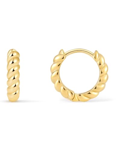 Fiusem 14K Gold Plated Huggie Hoop Earrings for Women | 8/10/12 Hypoallergenic Small Twisted beaded Huggie Earrings - color: Gold Twisted, size: 8MM