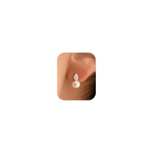 Pearl Earrings - 14K Gold/White Gold/Rose Gold Plated Cubic Zirconia CZ Diaomond Accented Pearl Drop Dangle Earrings for Women Wedding Bridal Prom - color: CZ paved