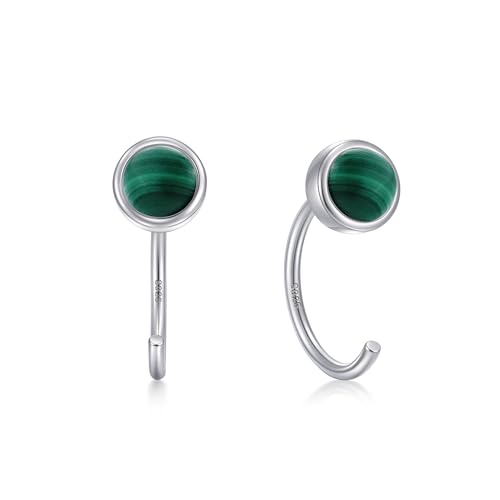 CHIC & ARTSY 925 Sterling Silver Half Hoop Earrings for Women, Dainty Huggie Hoops with Synthetic Opal, Moonstone, CZ & Gemstones, Lightweight Comfort Fit Everyday Elegant Jewelry - color: Synthetic Malachite/Silver