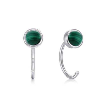 CHIC & ARTSY 925 Sterling Silver Half Hoop Earrings for Women, Dainty Huggie Hoops with Synthetic Opal, Moonstone, CZ & Gemstones, Lightweight Comfort Fit Everyday Elegant Jewelry - color: Synthetic Malachite/Silver