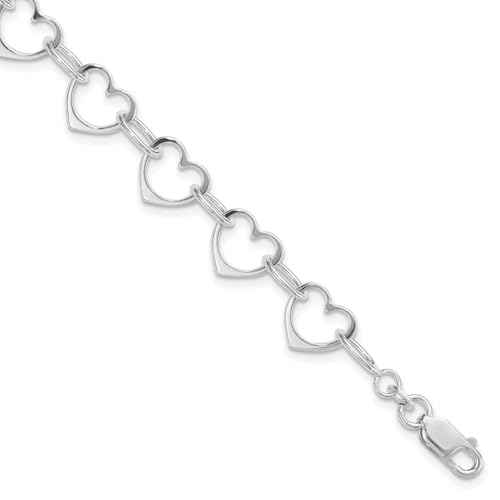 Diamond2Deal Sterling Silver Rhodium-plated Heart Link Chain Bracelet 7"