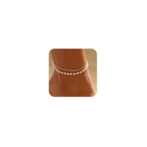 ASCOMY Ankle Bracelets for Women 14K Gold/Silver Plated Anklets for Women Waterproof Layered Cute Beads Dot Shining Twist Rope Chain Pearl Bar Link Heart Anklets Summer Beach Foot Chain Jewelry Gifts - style: Pearl Beads-GD