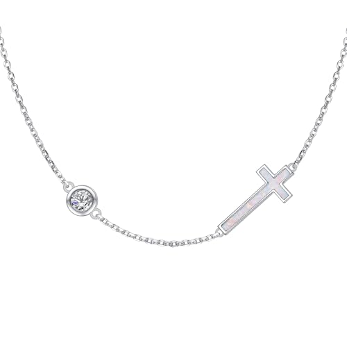 Yearace Choker Necklaces for Women S925 Sterling Silver Sideways Cross/Butterfly/Handcuffs/Infinity Interlocking/Chakra Choker Necklace Dainty Sideways Cross Necklace Jewelry Gift - style: Opal Cross 14+4"