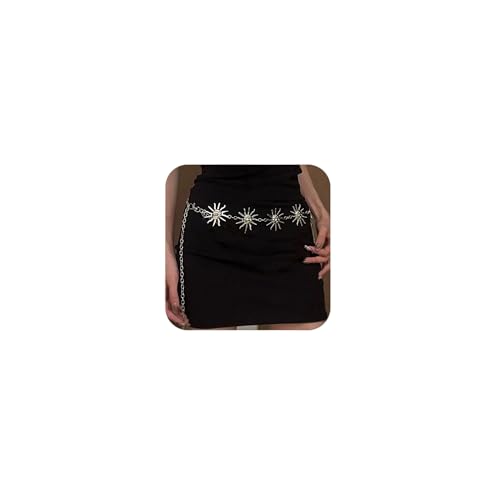 Longita Silver Gold Chain Belt Chain Belt for Women Fashion Plus Size Gold Waist Chains Metal Turquoise Sun Coin Waist Belts Chains Layered Trendy Belly Belts for Women Dress Vintage Accessories - color: B1- Sunflower - Silver