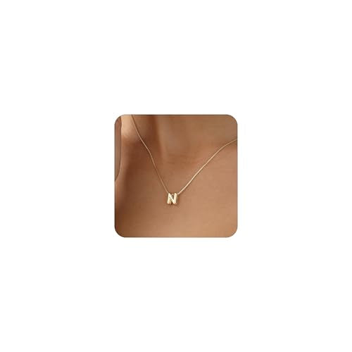 14K Gold Plated Bubble Letter Necklace, Tarnish Free and Waterproof Dainty Initial Necklace for Women, Trendy Personalized Gold Jewelry Gift for Her - color: Gold, style: N