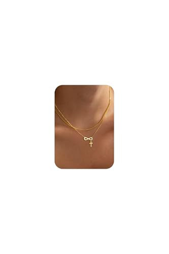 14K Gold Layered Cross Necklaces for Women,Tiny Small Sideways Cross Necklace Minimalist Christian Jewelry Gifts First Communion Confirmation Easter Stuff,2Pcs - color: infinity cross,gold