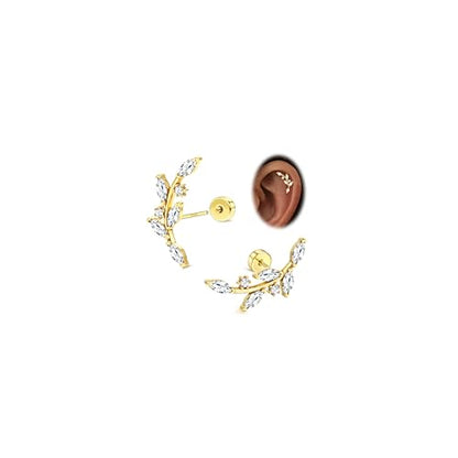 925 Sterling Silver Flat Back Stud Earrings for Women Hypoallergenic | 14K Gold Plated Cartilage Earrings for Sensitive Ears | Leaf Flower CZ Helix Tragus Piercing Jewelry - color: Gold-leaf