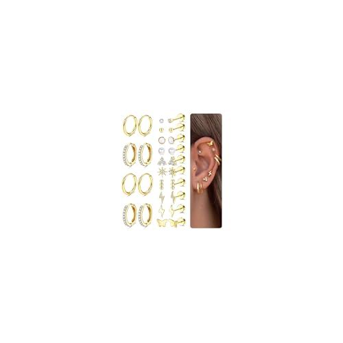 Flat Back Gold Earrings for Women Trendy Hypoallergenic Surgical Steel Earrings for Sensitive Ears-20G Cartilage Earring Stacks 14K Gold Plated Small Flatback Stud Hoops Cartilage Earring Set - color: 14K Gold Plated