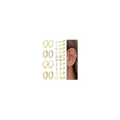 Flat Back Gold Earrings for Women Trendy Hypoallergenic Surgical Steel Earrings for Sensitive Ears-20G Cartilage Earring Stacks 14K Gold Plated Small Flatback Stud Hoops Cartilage Earring Set - color: 14K Gold Plated
