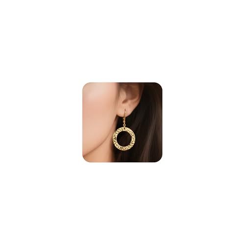 ALEXCRAFT Gold Hammered Double Circle Leverback Dangle Earrings | Hypoallergenic, Drop Handmade, Hammered Round, Minimalist Boho - color: C-14k Gold