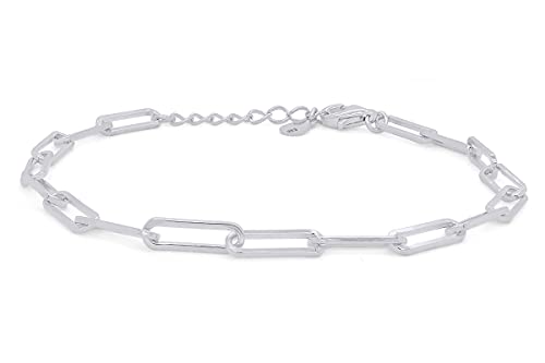7" Length +1" Adjustable Paper Clip Chain Bracelet for Women | 14K Gold Over Sterling Silver Plain Jewelry - color: white-gold-plated-silver