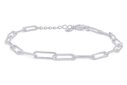 7" Length +1" Adjustable Paper Clip Chain Bracelet for Women | 14K Gold Over Sterling Silver Plain Jewelry - color: white-gold-plated-silver