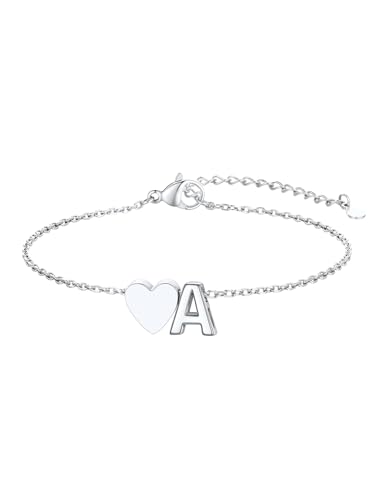 KeyStyle Initial Heart Bracelet for Women Waterproof Stainless Steel Chain | 14K Gold Plated /Silver A-Z Letter Adjustable Charm Bracelet, Hypoallergenic Non Tarnish Dainty Gift for Everyday Wear - color: Silver-A
