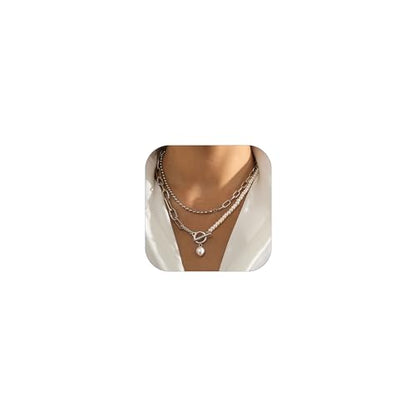 Gold Stack Necklace Chunky Necklaces for Women Trendy Coin Pendant Long Necklaces Western Jewelry for Women Cowgirl Cowboy Chic Country Outfit Boho Accessories Birthday Jewelry Gifts - color: B Silver Paperclip Pearl Chain Necklace