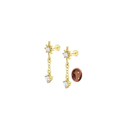 925 Sterling Silver Flat Back Stud Earrings for Women Hypoallergenic | 14K Gold Plated Cartilage Earrings for Sensitive Ears | Leaf Flower CZ Helix Tragus Piercing Jewelry - color: Gold-dangle