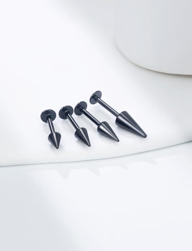 20G 18G 16G Flat Back Earrings Nose Rings Studs Chain Piercing Surgical Steel Spike Lip Nose Rings Stud Snake Bite Tragus Helix Conch Cartilage Earrings Piercing Jewelry For Women Men - color: Black, size: 16 Gauge