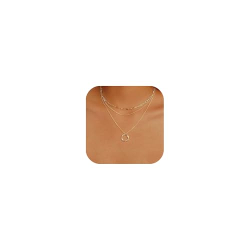 Evabelle Gold Layered Necklace for Women Trendy Jewelry 14K Real Gold Plated Chunky Chain Stackable Necklaces Dainty Choker Necklaces Rectangle Square Pendant - color: Gold Necklace 09