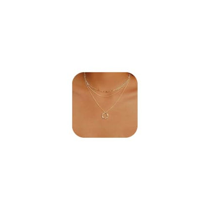 Evabelle Gold Layered Necklace for Women Trendy Jewelry 14K Real Gold Plated Chunky Chain Stackable Necklaces Dainty Choker Necklaces Rectangle Square Pendant - color: Gold Necklace 09