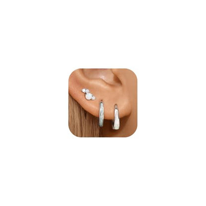 Opal Earrings Set for Women, Birthday Gift for Her, Sterling Silver | 14K Gold Plated, Hypoallergenic S925 Opal Hoop Stud Earrings for Women with Sensitive Ears, Dainty earring Stacks—Trendy Opals Jewelry 2026 - color: Silver Hoop&Flat Studs