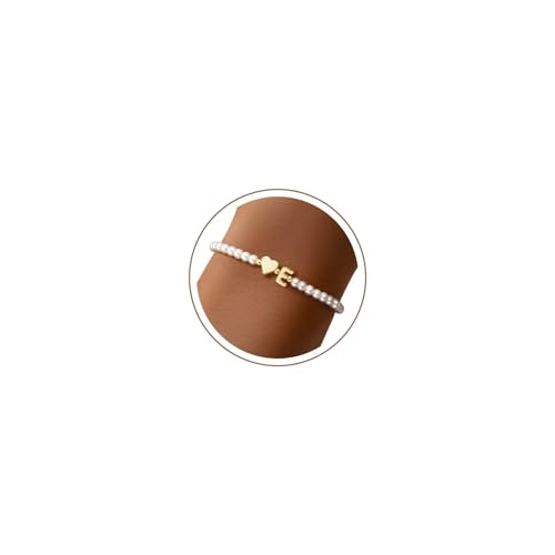 M MOOHAM Pearl Initial Bracelets for Teen Girls, Heart Letter A-Z Bracelets | 14K Gold Plated Heart Letter Bracelet, Dainty Stretch Pearl Initial Bracelet, 6-14 Year Old Girl Birthday Gifts for Teen Girl - color: E