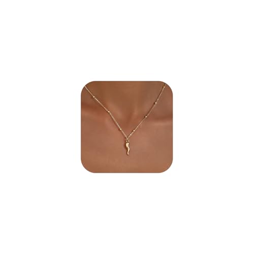 Gold Silver Necklace for Women, Dainty Cubic Zirconia Pendant | Teardrop CZ Charm, 14K Gold/Sterling Silver Plated, Adjustable Chain, Hypoallergenic & Waterproof Jewelry, Cute Trendy Gift - color: Gold-Italian horn/ball chain
